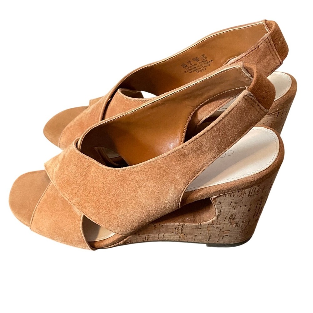 Com & Sens Missy Tan Suede Cork Wedge Slingback Sandals Womens 8M Peep Toe Shoes